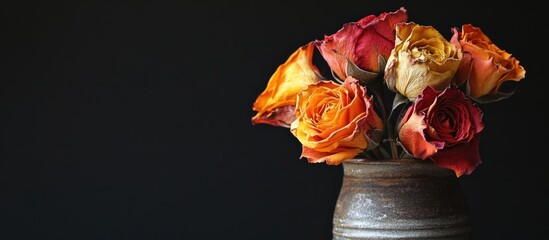 Poster - Colorful dried roses in a rustic ceramic vase on dark background with Copy Space for text placement