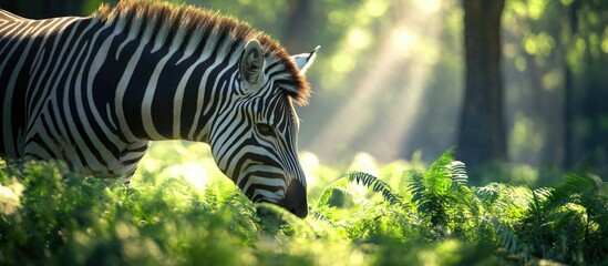 Aufkleber - Zebra grazing among lush ferns in a sunlit forest with soft rays of light filtering through trees Copy Space
