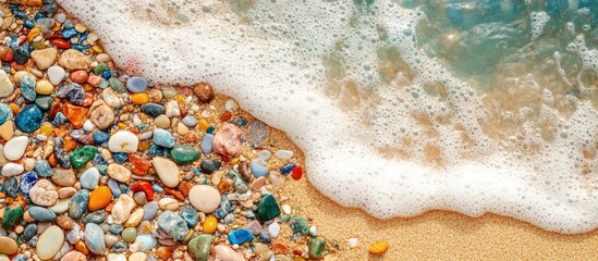 Poster - Colorful pebbles on sandy beach with foamy wave washing ashore Copy Space