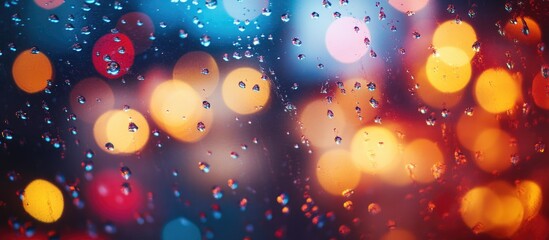 Fototapete - Colorful Bokeh Lights with Rain Droplets on Glass Surface and Copy Space for Text