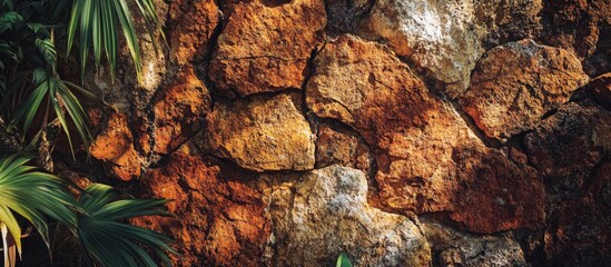 Leinwandbilder - Textured stone wall with colorful moss and greenery in natural outdoor setting Copy Space