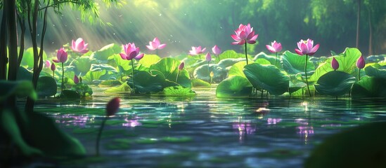 Aufkleber - Colorful lotus flowers in a tranquil pond with sunlight filtering through greenery Copy Space