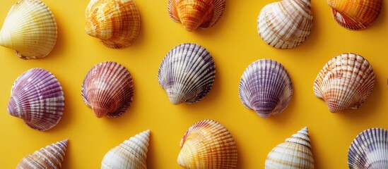 Poster - Colorful seashells arranged in a grid pattern on a vibrant yellow background with copy space for text