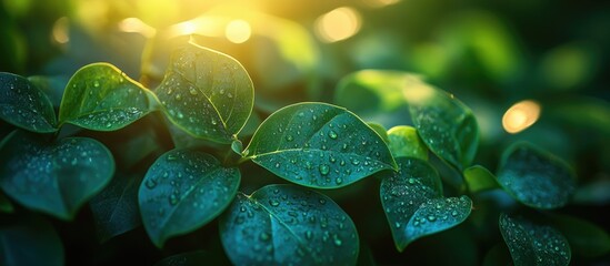 Aufkleber - Close-up of green leaves with water droplets glistening under sunlight in blurred background Copy Space