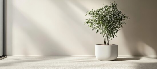 Poster - Indoor plant in a white pot positioned near a sunlit window with soft shadows and neutral wall colors Copy Space