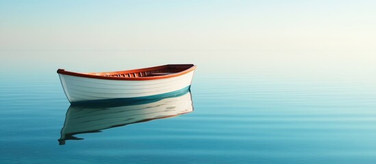 Aufkleber - Lonely wooden boat floating on calm water with serene reflection and soft color gradient in the background Copy Space