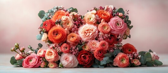 Poster - Multicolored floral arrangement featuring pink, coral, and orange roses with greenery on blurred pastel background Copy Space