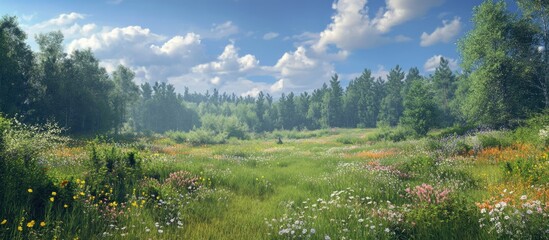 Poster - Lush green meadow landscape with wildflowers and trees under a blue sky with scattered clouds and soft sunlight Copy Space