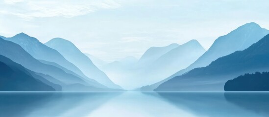 Poster - Blue misty mountain landscape with calm lake and reflection in the water, soft color gradient, natural scenery, Copy Space available