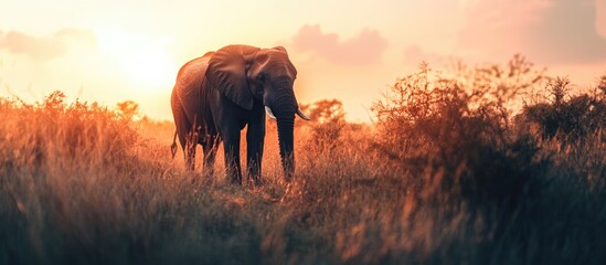 Poster - Elephant in golden hour light walking through grassland with sunset in background Copy Space