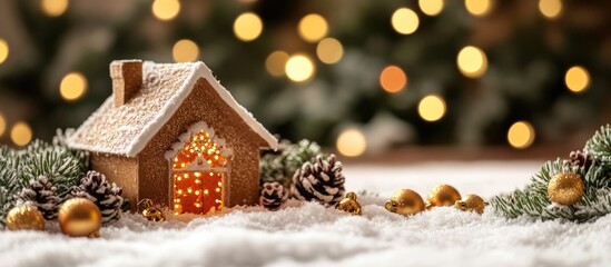 Aufkleber - Gingerbread house with decorative lights on a snowy surface surrounded by pinecones and festive ornaments Copy Space