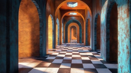 Aufkleber - Architectural corridor with arches and checkered floor in warm tones, featuring light reflections and Copy Space for text placement.