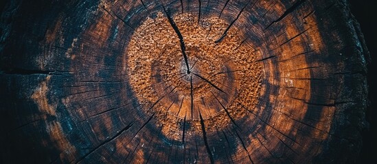 Aufkleber - Detailed close-up of tree stump cross-section displaying growth rings with rich brown and orange textures Copy Space