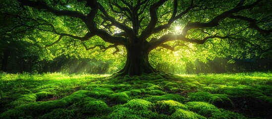 Poster - Majestic old tree with lush green foliage surrounded by vibrant moss and sunlight streaming through branches Copy Space