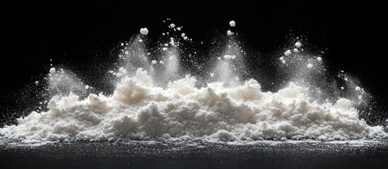 Poster - White powder explosion on black background with swirling dust and particles creating dynamic movement and texture with copy space.