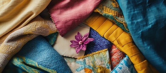 Poster - Colorful Fabric Textiles with Floral Decoration Overlapping Layers and Texture Copy Space