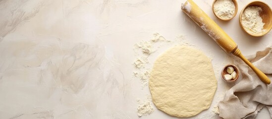 Poster - Baking scene with rolled dough on a countertop, wooden rolling pin, and bowls of flour, natural light, Copy Space for text placement