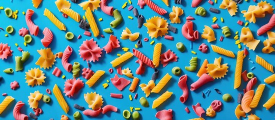Poster - Colorful assortment of uncooked pasta shapes on a vibrant blue background with Copy Space for text placement.
