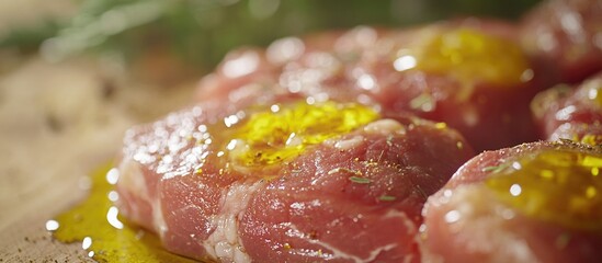 Poster - Fresh meat cuts drizzled with olive oil on wooden cutting board with herbs Copy Space