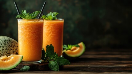 Aufkleber - Fresh melon smoothie drinks in glasses with mint leaves and melon slices on a wooden table with dark background Copy Space