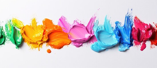 Aufkleber - Colorful paint splashes arranged in a horizontal line on a white background with Copy Space for text placement.