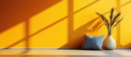 Poster - Minimalist interior design with yellow wall, blue cushion, and vase with plant, featuring strong shadows and copy space for text.