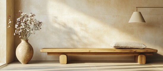 Poster - Minimalist interior design featuring a wooden bench, vase with dried flowers, and pendant lamp against a textured wall with natural light Copy Space