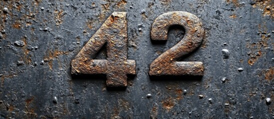 Poster - Rusty metal plate featuring the number 42 with texture details and a weathered appearance Copy Space