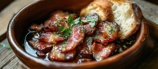 Poster - Crispy bacon pieces served in a rustic clay bowl with fresh herbs and crusty bread on a wooden table Copy Space