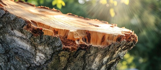 Poster - Wooden Tree Stump with Fresh Cut Surface in Natural Environment and Sunlight Copy Space