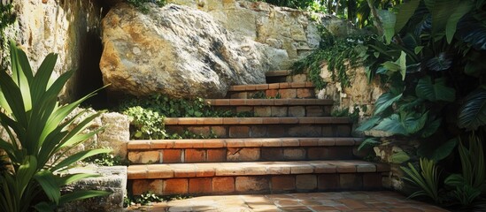Aufkleber - Stone steps leading upward through lush greenery with tropical plants and rocks in a garden setting Copy Space