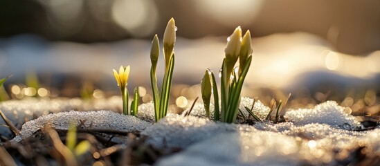 Poster - Spring flowers emerging from snow with soft sunlight and natural bokeh background Copy Space