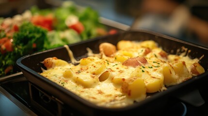 Poster - Baked potato dish with cheese and herbs in a black baking tray alongside a fresh mixed salad on a blurred background Copy Space