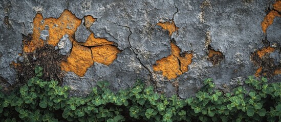 Fototapete - Textured wall with orange lichen and cracked surface alongside green foliage on the bottom with ample copy space