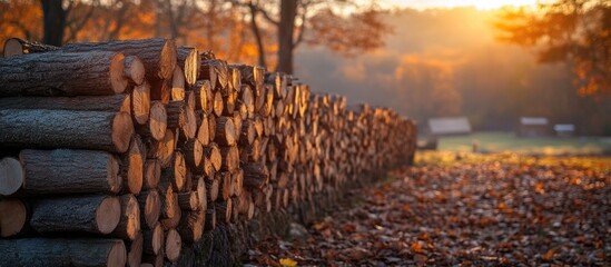 Poster - Wooden logs stacked neatly in a forest during autumn sunset with warm light and colorful foliage Copy Space