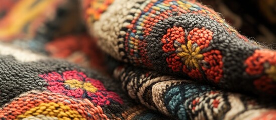 Poster - Close-up of intricately patterned textile fabric with colorful floral designs and rich textures on a blurred background Copy Space