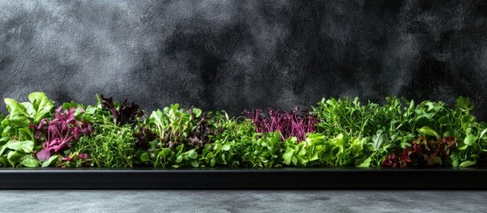 Aufkleber - Fresh assorted leafy greens displayed against a textured dark background with copy space for text placement.