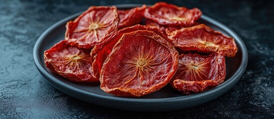 Aufkleber - Dried orange slices arranged on a dark plate with a textured background Copy Space