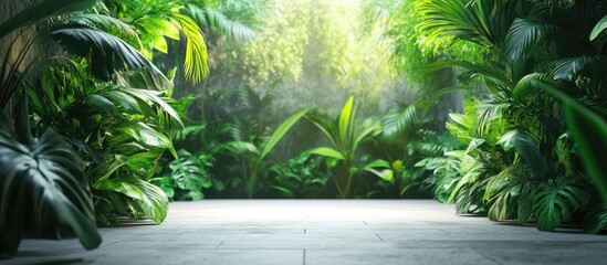 Aufkleber - Lush tropical foliage with a well-lit pathway in a garden or rainforest setting Copy Space