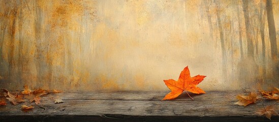 Poster - Autumn scene with single orange maple leaf on wooden surface against blurred fall foliage background with Copy Space