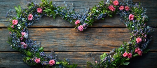 Poster - Floral heart shape arrangement with colorful flowers on rustic wooden background with copy space for text