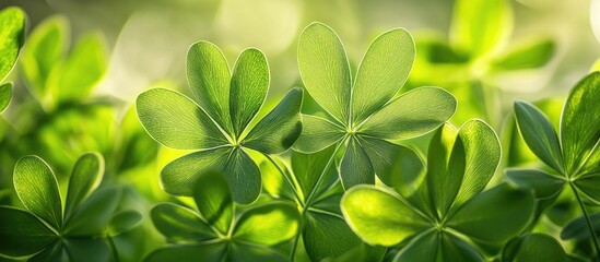 Aufkleber - Close-up of vibrant green clover leaves with sunlight filtering through, featuring organic textures and shapes, Copy Space available.