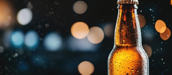 Poster - Golden beer bottle with condensation against a blurred background of colorful bokeh lights Copy Space