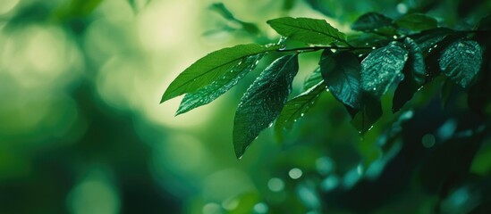 Poster - Green leaves with water droplets on a blurred background Copy Space