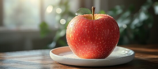 Poster - Red apple on a white plate with droplets of water on surface, set against a softly lit background with copy space.