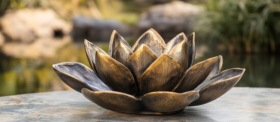 Poster - Bronze lotus flower sculpture on a textured surface with a natural background and soft focus Copy Space