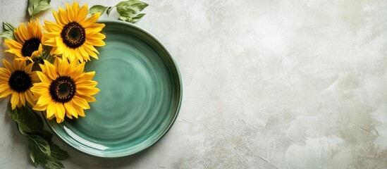 Poster - Green plate with sunflowers on a textured background featuring copy space for text