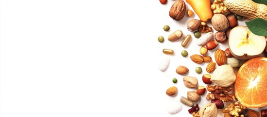 Aufkleber - Mixed nuts and fresh fruits scattered on white background with copy space for text. Healthy snacks and natural food concept.