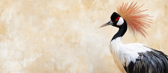 Poster - Crested crane profile with a colorful plumage against a textured beige background with ample copy space for text placement