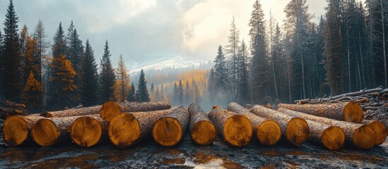 Poster - Logs stacked in a forest clearing with mountain backdrop and autumn foliage under a cloudy sky Copy Space